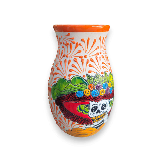 Talavera Day of the Dead Relief Vase | Hand-Painted Pottery with orange floral relief and colorful skull motif