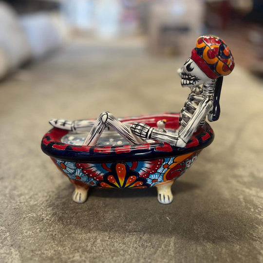 Talavera Skeleton Figurine | Day of the Dead Bathtub Statue hand-painted Talavera skeleton in colorful clawfoot tub, handcrafted in Guanajuato, Mexico