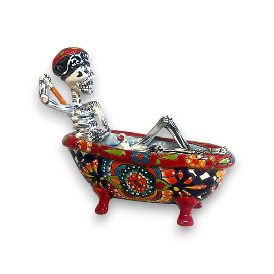 Talavera Skeleton Figurine | Day of the Dead Bathtub Statue hand-painted Talavera skull reclining in colorful clawfoot tub