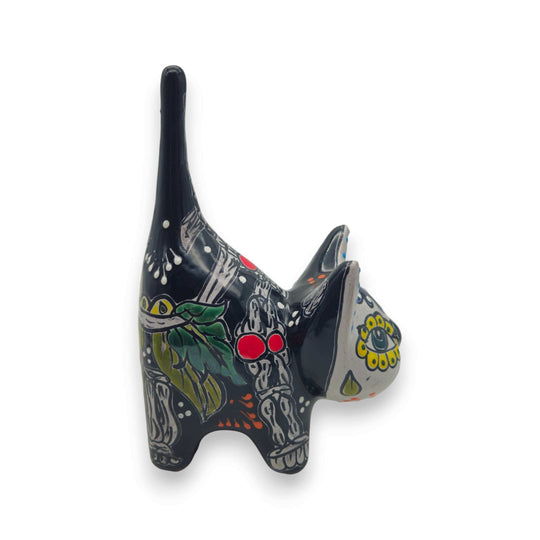 Talavera Cat Figurine | Day of the Dead Handcrafted Art – black hand-painted ceramic cat with floral and skeletal Day of the Dead motifs