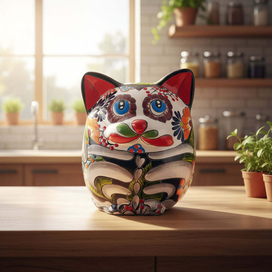 Talavera Fat Cat Planter | Day of the Dead Ceramic Art hand-painted colorful Day of the Dead cat planter from Guanajuato, Mexico