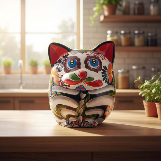 Talavera Fat Cat Planter | Day of the Dead Ceramic Art hand-painted colorful Day of the Dead cat planter from Guanajuato, Mexico