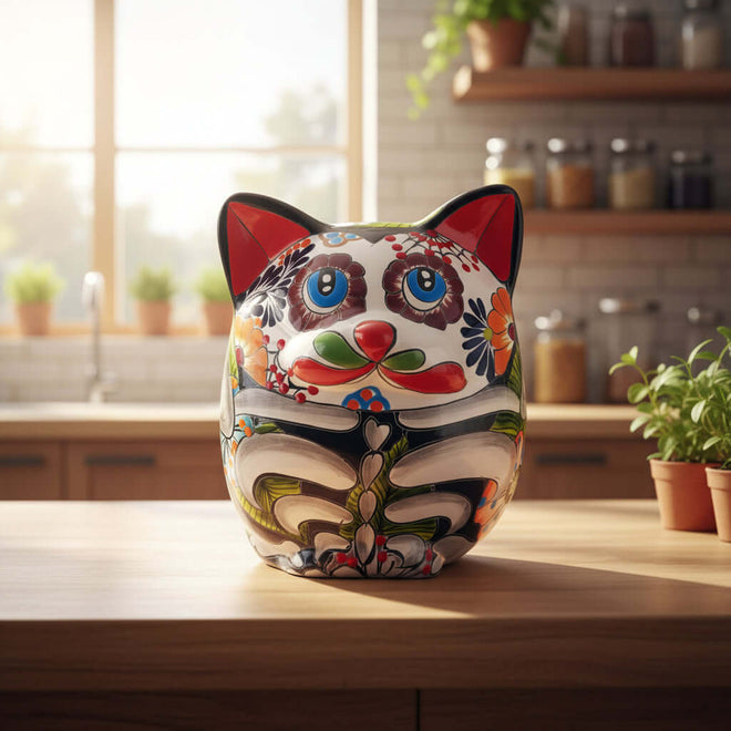 Talavera Fat Cat Planter | Day of the Dead Ceramic Art hand-painted colorful Day of the Dead cat planter from Guanajuato, Mexico