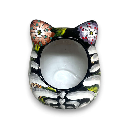 Talavera Fat Cat Planter | Day of the Dead Ceramic Art hand-painted black-and-white cat planter with floral accents