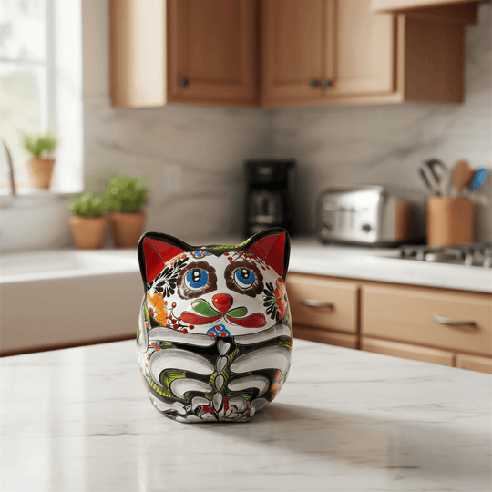 Talavera Fat Cat Planter | Day of the Dead Ceramic Art hand-painted Mexican cat planter with colorful floral Day of the Dead motif