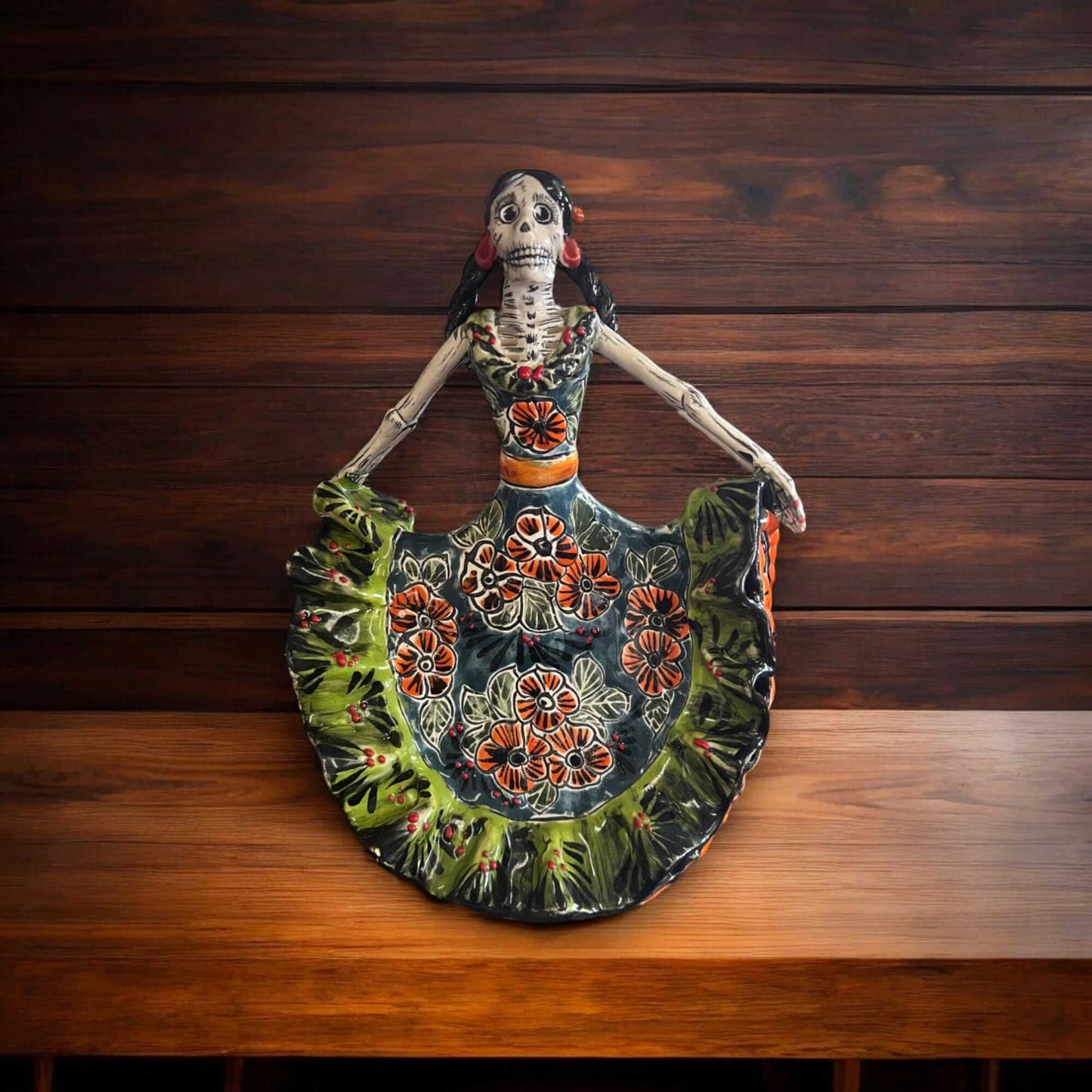 Talavera Day of the Dead Catrina | Colorful Dress Figurine hand-painted Talavera skeleton in flowing floral dress, kiln-fired, lead-free glaze, Guanajuato craft