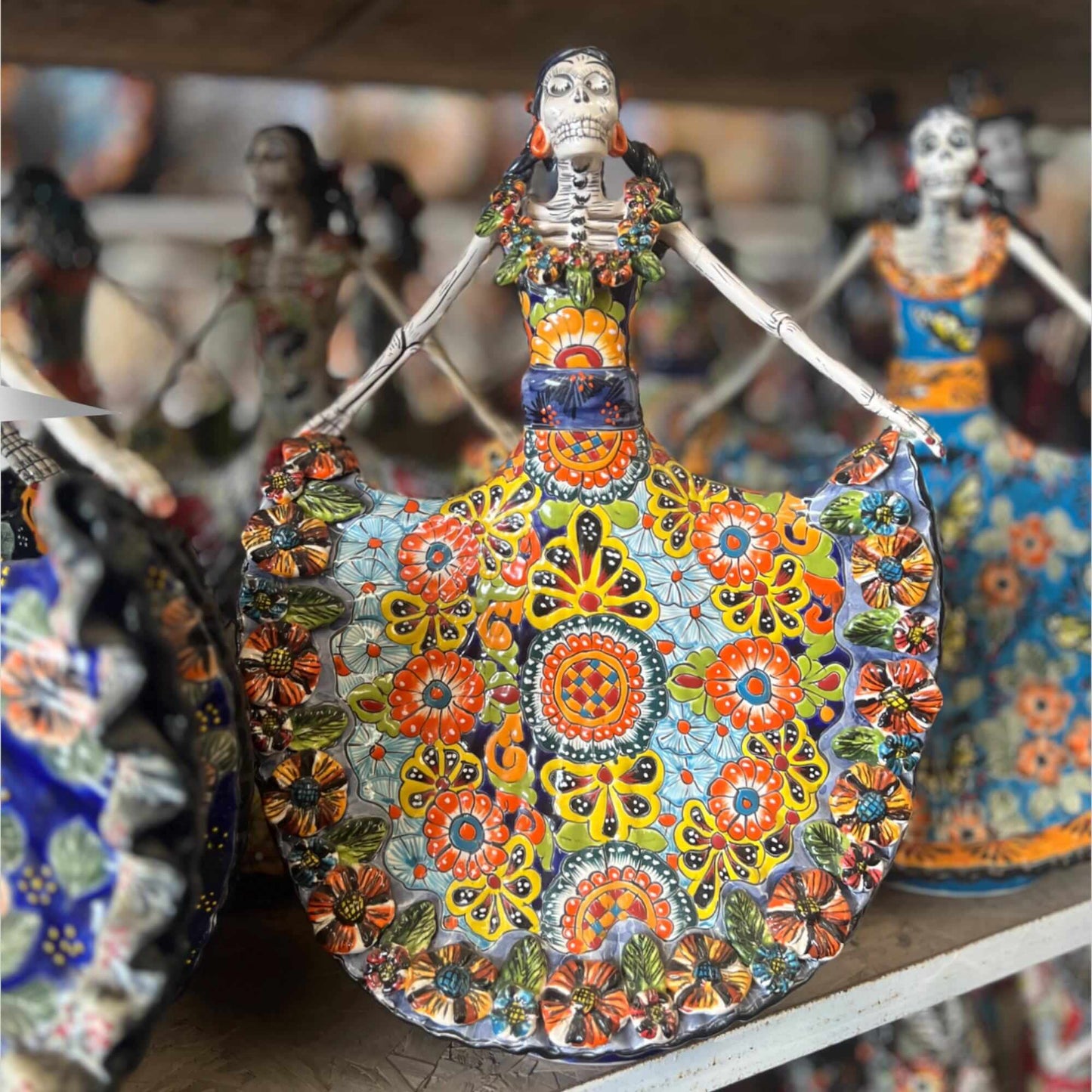 Talavera Day of the Dead Catrina | Colorful Dress Figurine hand-painted Talavera ceramic skeleton with flowing wavy floral dress