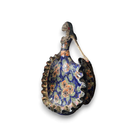 Talavera Day of the Dead Catrina | Colorful Dress Figurine hand-painted Talavera skeleton with flowing blue floral dress, Guanajuato artisan pottery