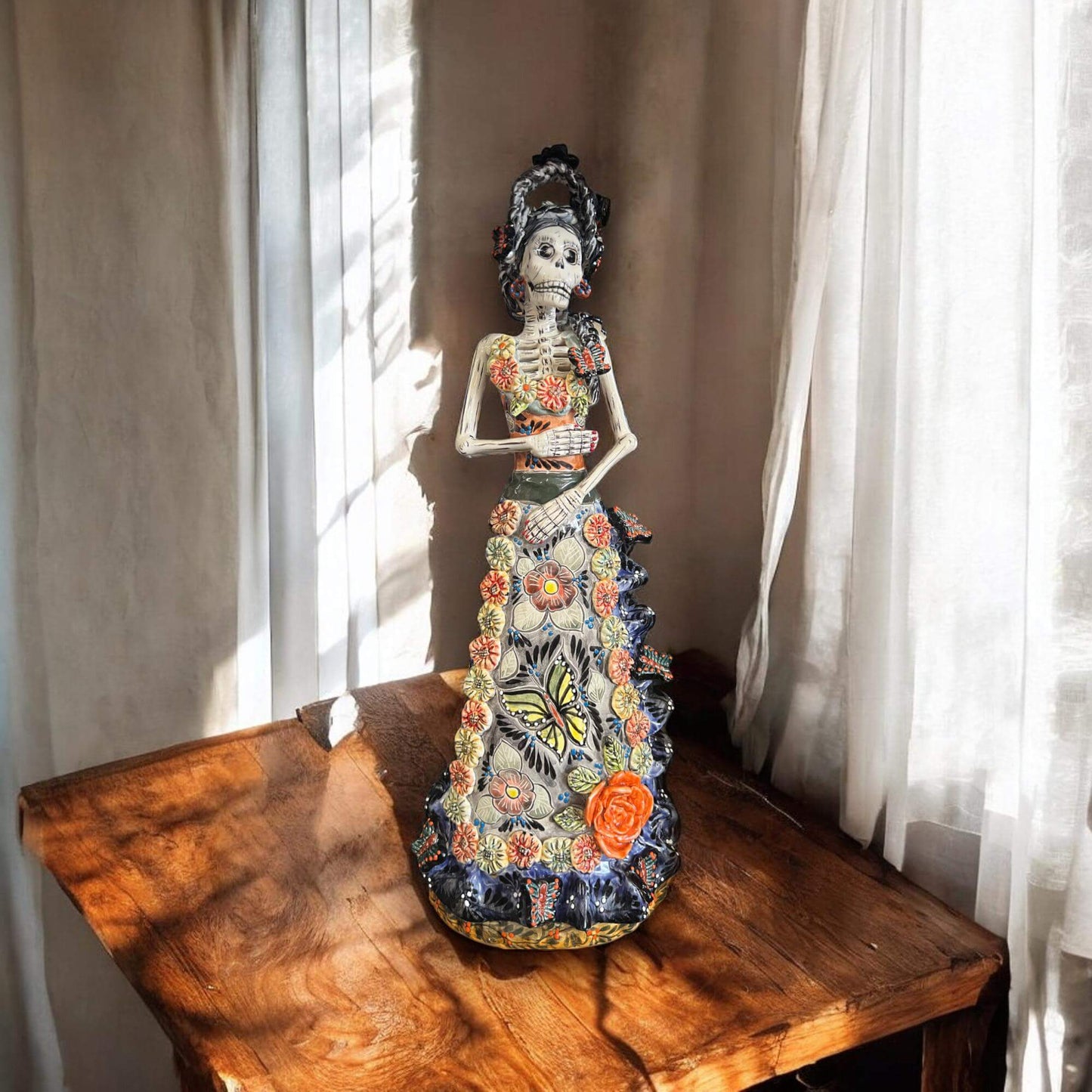 Talavera Day of the Dead Catrina Figurine | Updo in Vibrant Dress - hand-painted Talavera Catrina with floral gown and elegant updo, kiln-fired, Guanajuato artisan