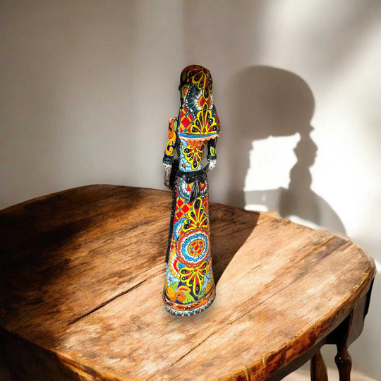 Talavera Day of the Dead Catrina | Pan Dulce Wedding Decoration - hand-painted Talavera Catrina statue on wooden table