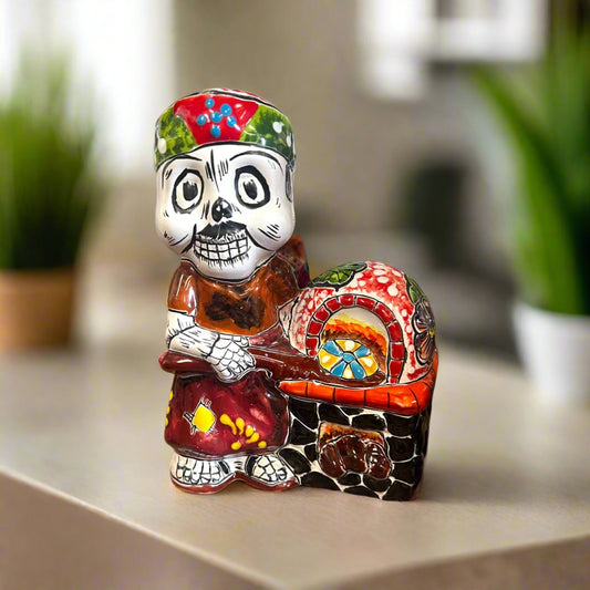 Talavera Skeleton Cook | 8" Day of the Dead Chef Figurine with Oven - hand-painted Talavera calavera chef with colorful oven, 8-inch decorative statue