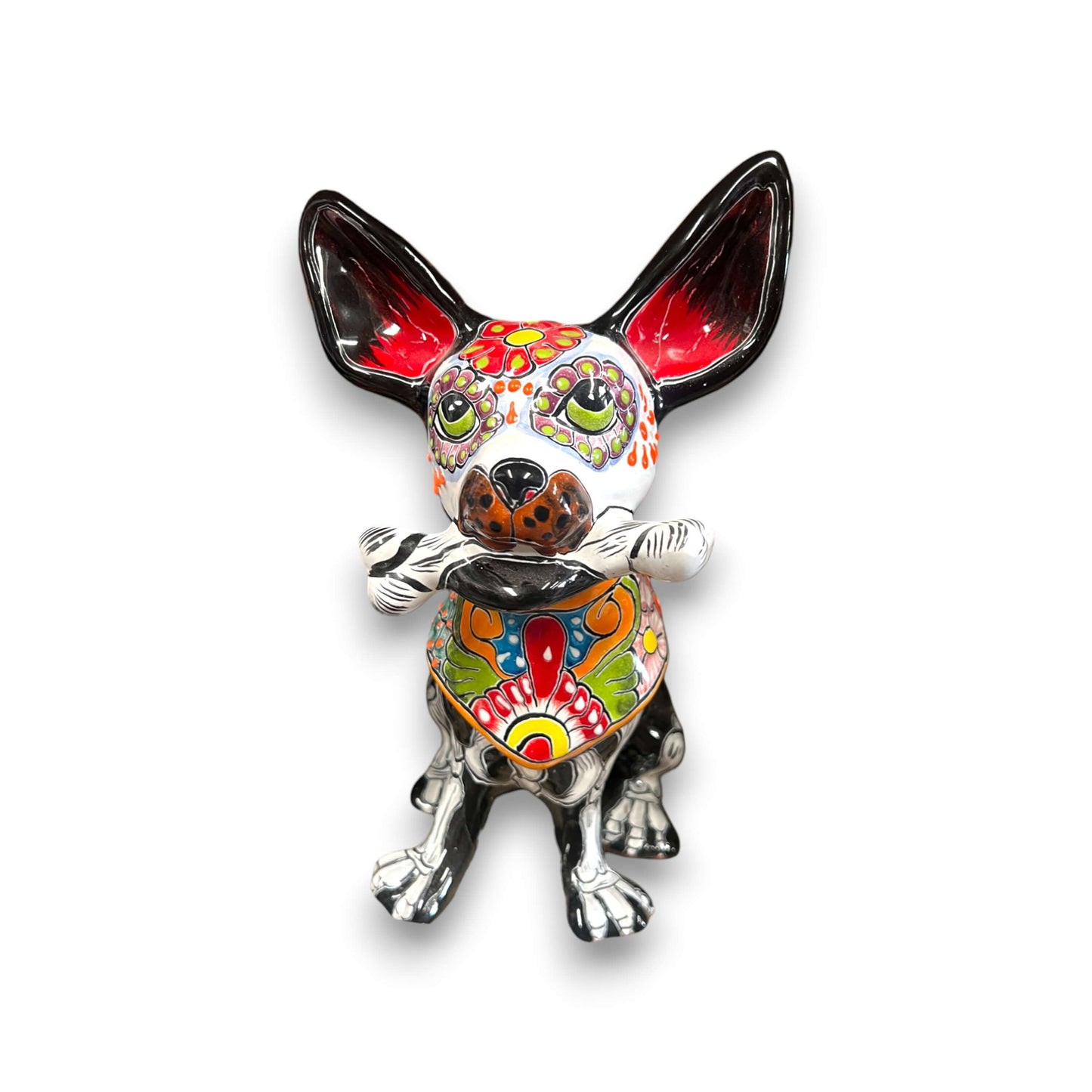 Talavera Chihuahua Holding Bone | Day of the Dead Dog Figurine - hand-painted Talavera chihuahua with floral Día de los Muertos design holding a bone