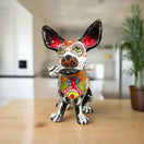 Talavera Chihuahua Holding Bone | Day of the Dead Dog Figurine - hand-painted Talavera chihuahua with floral skull design holding a bone