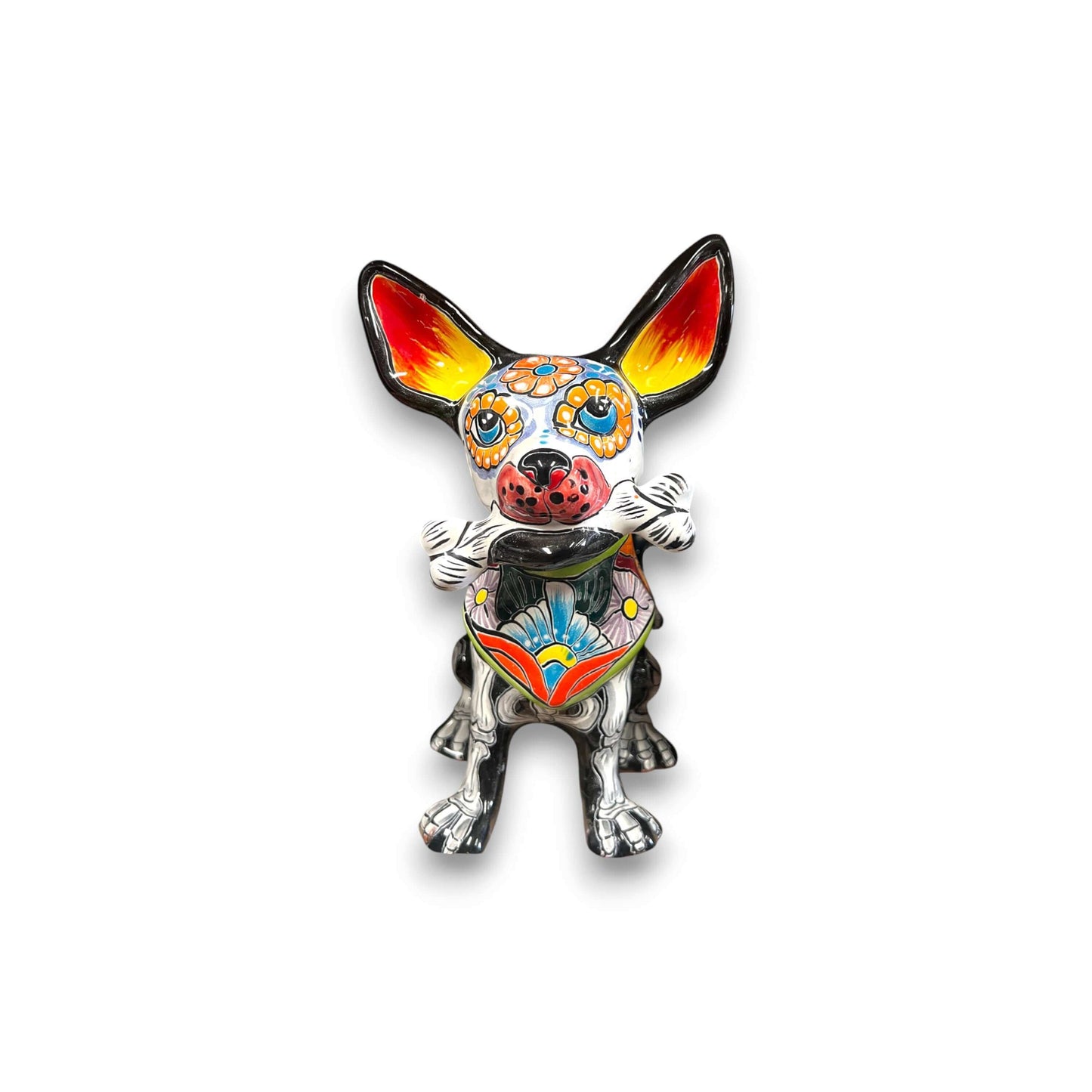 Talavera Chihuahua Holding Bone | Day of the Dead Dog Figurine — hand-painted Talavera chihuahua with floral Día de los Muertos design holding a bone