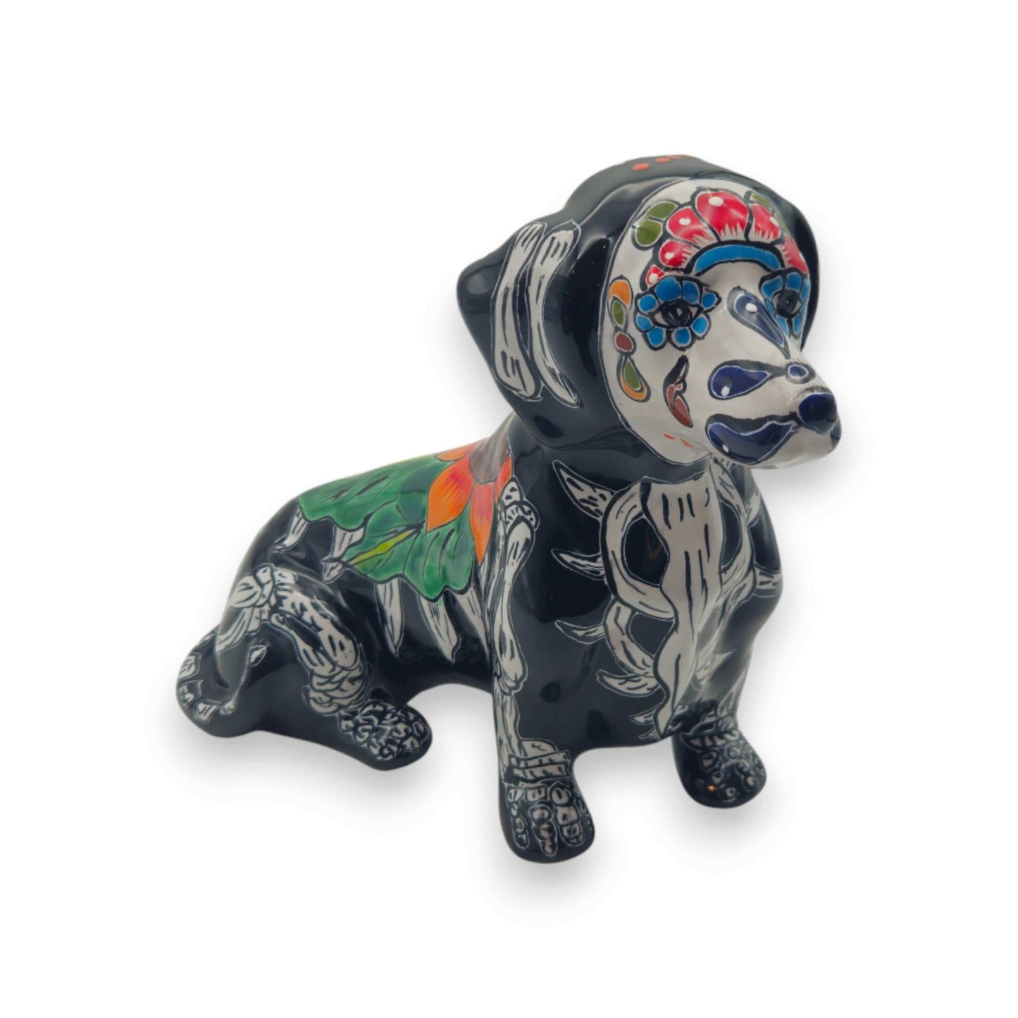 Talavera Dachshund Figurine | Day of the Dead Ceramic Dog hand-painted glossy black Day of the Dead dachshund with floral and skeletal motifs