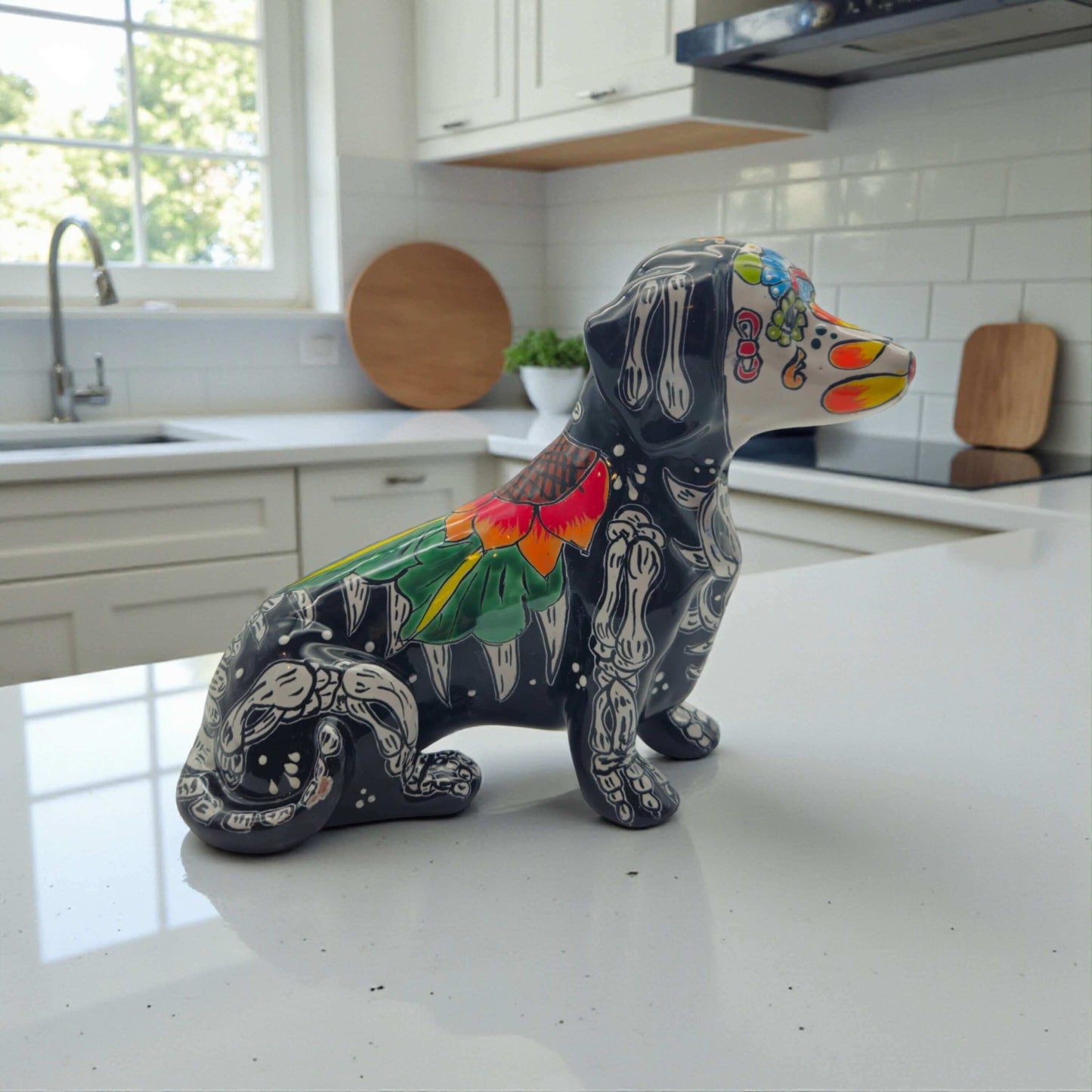 Talavera Dachshund Figurine | Day of the Dead Ceramic Dog hand-painted black ceramic dachshund with colorful floral and skeletal Day of the Dead design