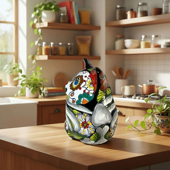 Talavera Fat Cat Planter | Day of the Dead Ceramic Art hand-painted colorful cat planter on kitchen counter