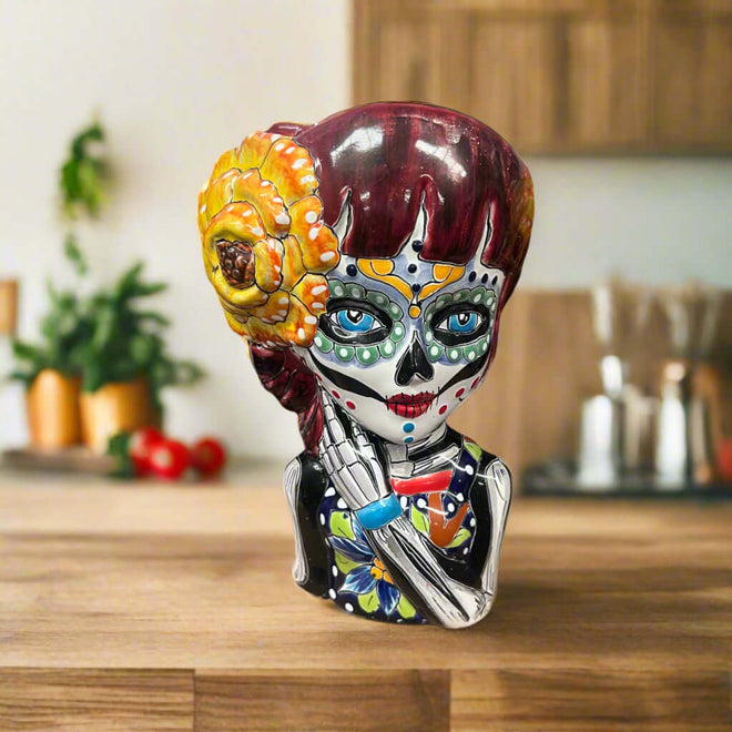 Talavera Day of the Dead Face Planter | Handmade Skull Ceramic Pot - hand-painted female sugar skull planter with bright floral accents