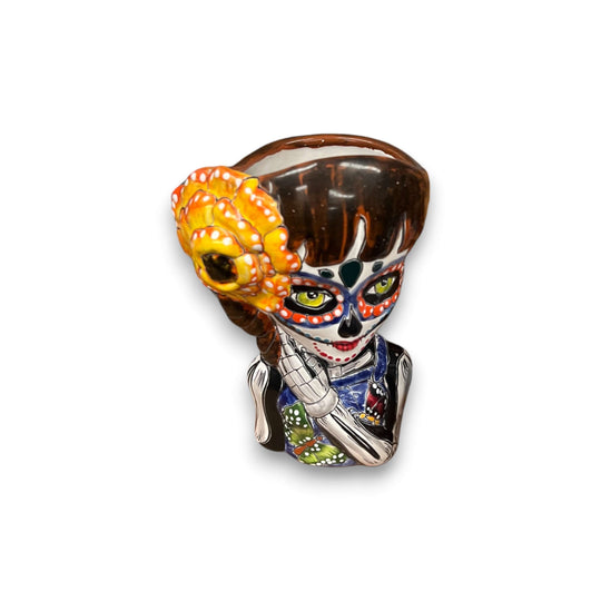 Talavera Day of the Dead Face Planter | Handmade Skull Ceramic Pot - hand-painted female sugar skull planter with yellow floral accent