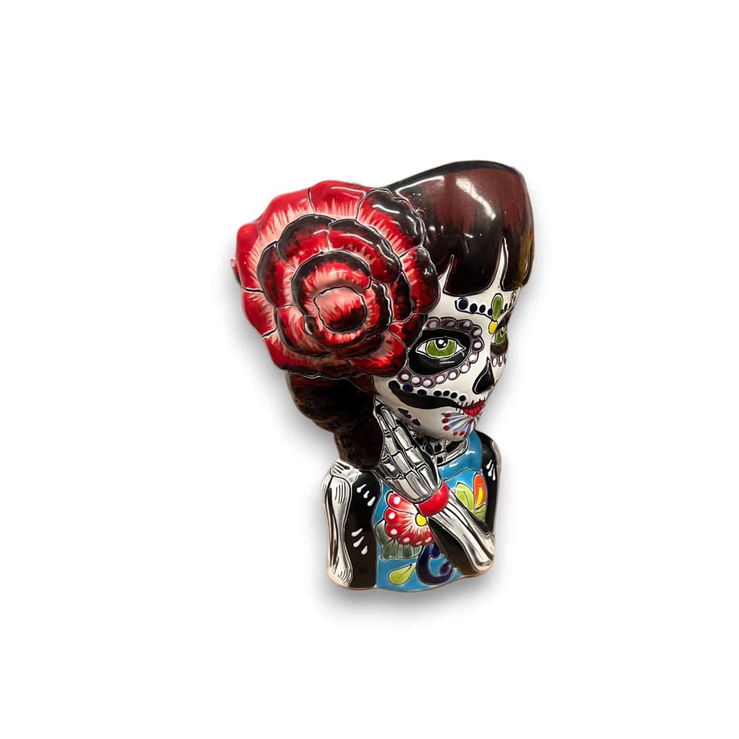 Talavera Day of the Dead Face Planter | Handmade Skull Ceramic Pot - hand-painted female sugar skull with red rose and Talavera floral motifs