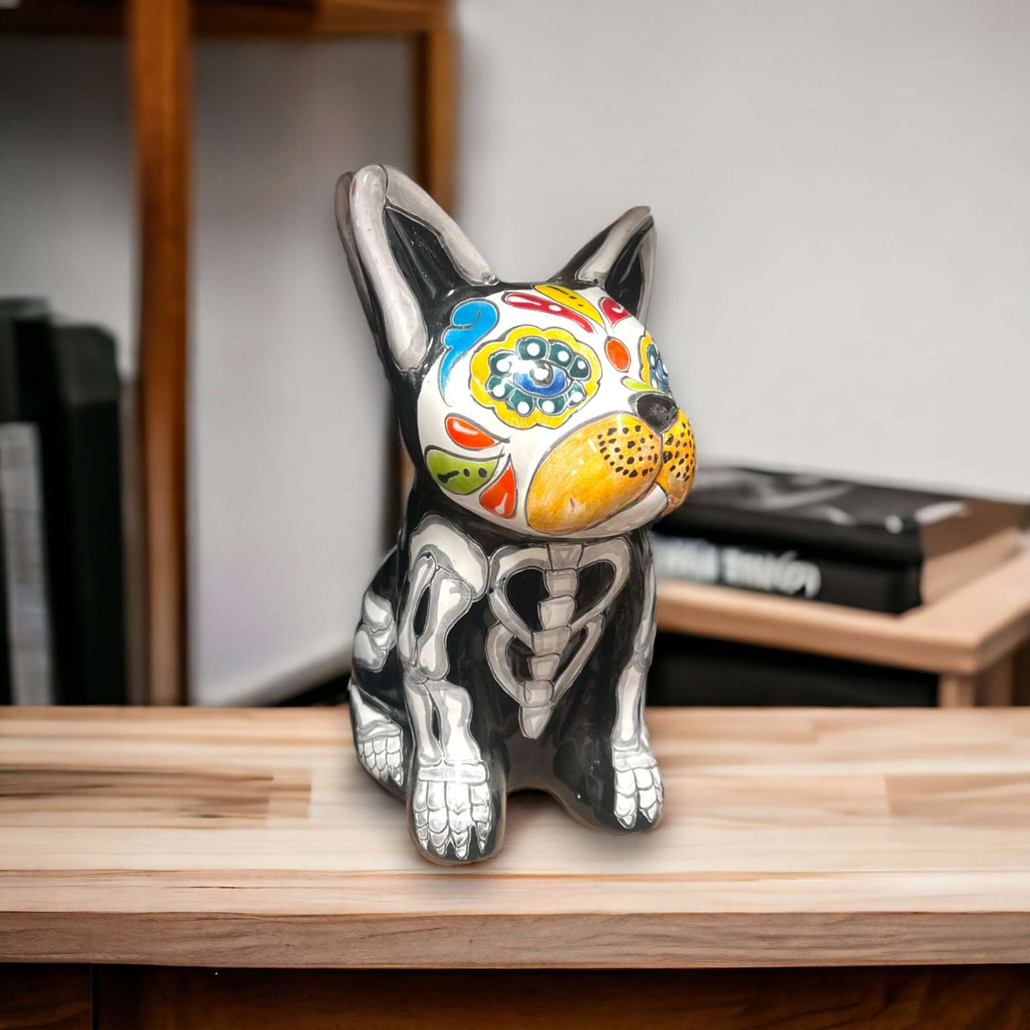 Talavera French Bulldog Statue | Day of the Dead Mexican Decor - hand-painted Talavera bulldog with skull bones and floral face accents