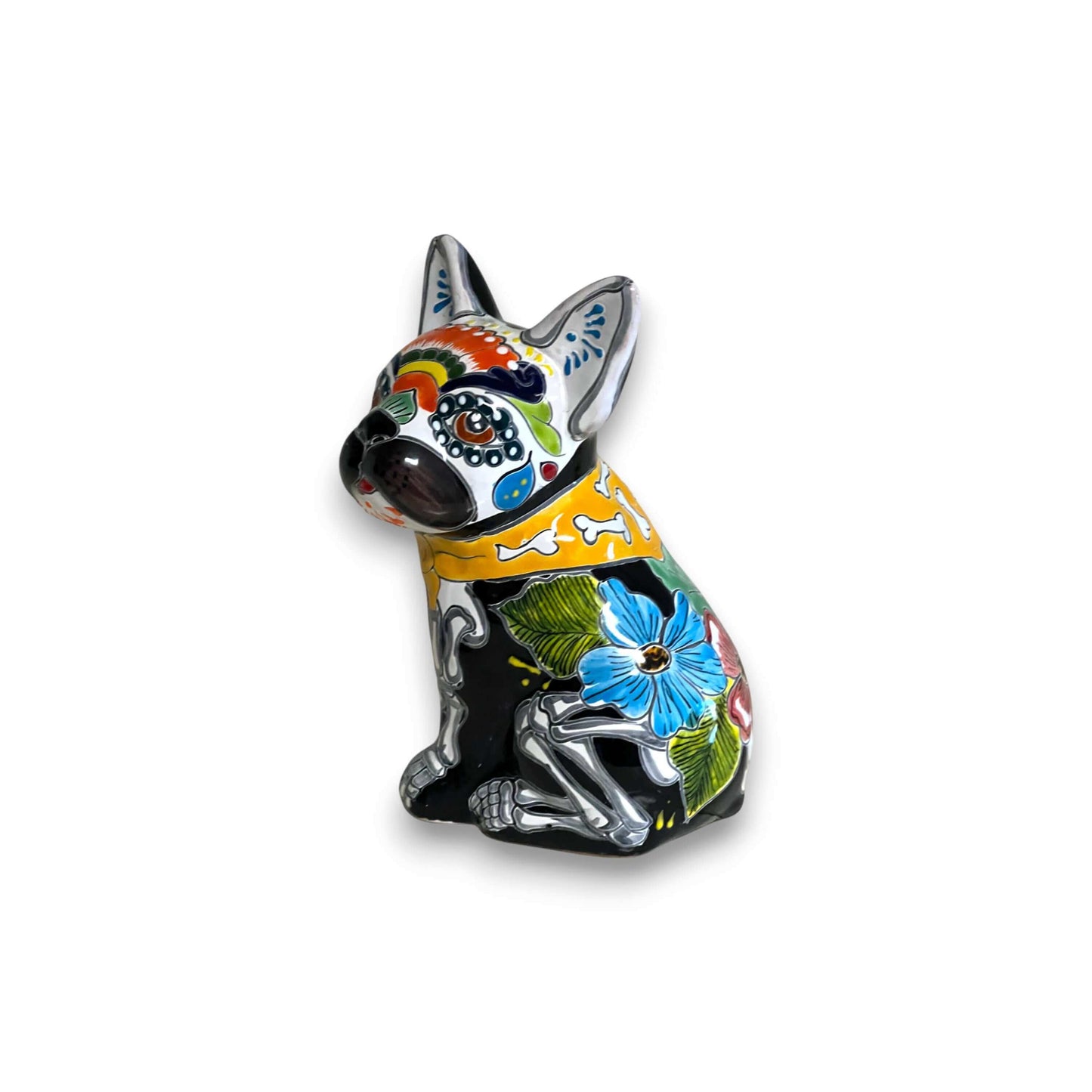 Talavera French Bulldog Statue | Day of the Dead Mexican Decor hand-painted Talavera bulldog with floral and bone motifs