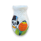 Talavera Day of the Dead Relief Vase | Hand-Painted Pottery hand-painted white floral relief vase with skull and orange flower design