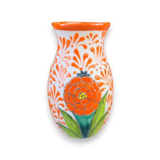 Talavera Day of the Dead Relief Vase | Hand-Painted Pottery - hand-painted orange floral relief Talavera vase from Guanajuato, rustic white and brown base