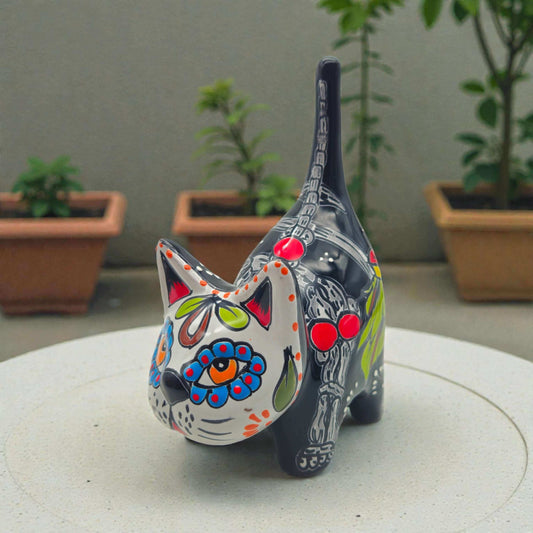 Talavera Cat Figurine | Day of the Dead Handcrafted Art — hand-painted colorful Day of the Dead cat with floral and skeletal motifs