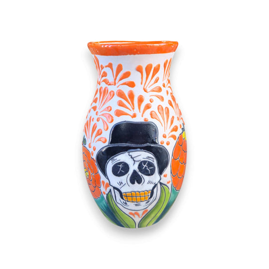 Talavera Day of the Dead Relief Vase | Hand-Painted Pottery — hand-painted skull floral relief vase from Guanajuato, warm brown and white design