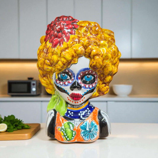 Colorful Talavera Lady Skull Planter | Day of the Dead Decor — hand-painted Talavera lady skull planter with yellow textured hair and floral details