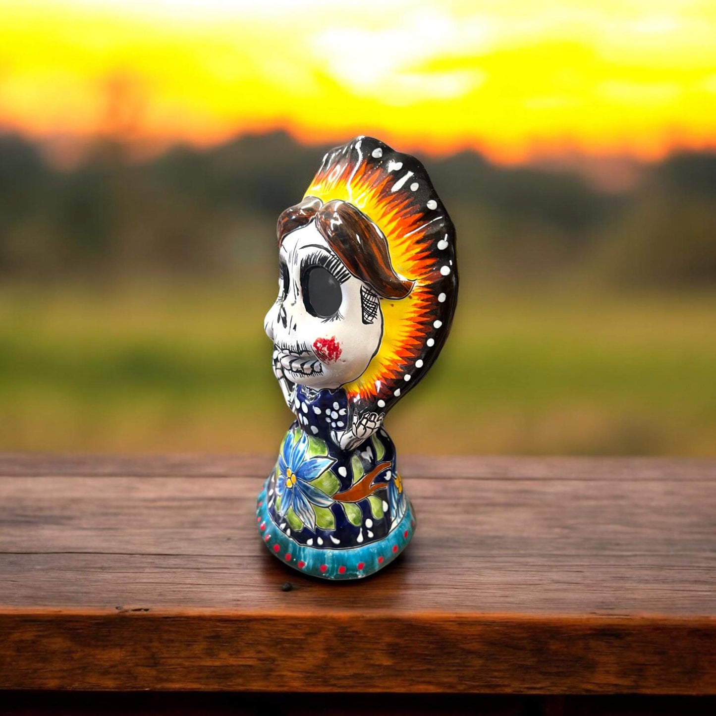 Talavera Skeleton Woman | Day of the Dead Figurine in Traditional Dress - hand-painted 5" Talavera skeleton woman in folkloric dress and red-rimmed bonnet