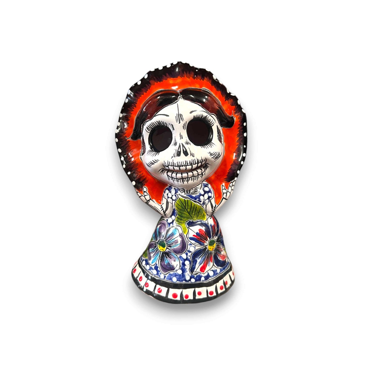 Talavera Skeleton Woman | Day of the Dead Figurine in Traditional Dress - 5" hand-painted Talavera skeleton woman in folkloric dress with red bonnet