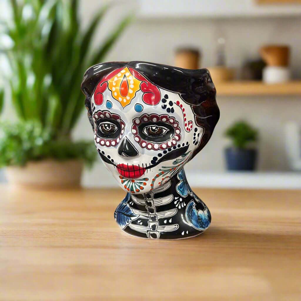 Talavera Skull Face Planter | Hand-Painted Day of the Dead Pottery - colorful hand-painted Día de los Muertos ceramic skull planter