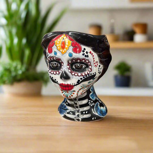 Talavera Skull Face Planter | Hand-Painted Day of the Dead Pottery - colorful hand-painted Día de los Muertos ceramic skull planter