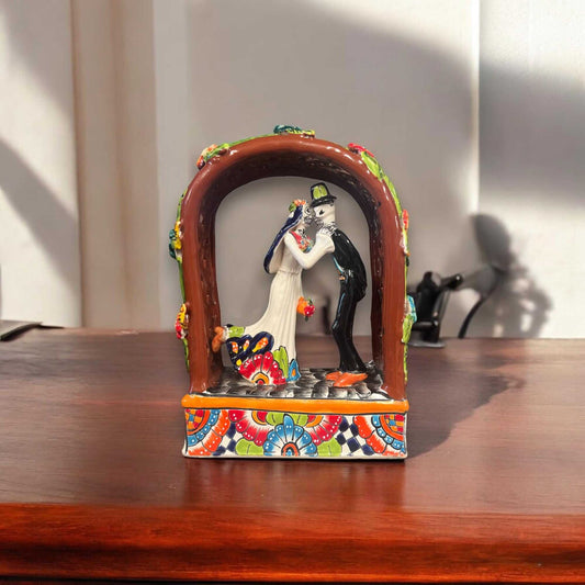 Talavera Day of the Dead Wedding Figurines | Mexican Altar Decor - hand-painted Talavera bride and groom wedding altar figurine from Guanajuato