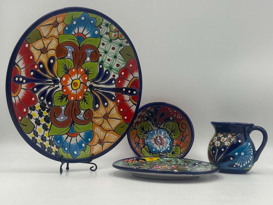 Talavera Dinnerware Set | 34-Piece Mexican Tableware for 8 hand-painted colorful plates bowls and mug from Guanajuato, lead-free glaze, artisan-crafted