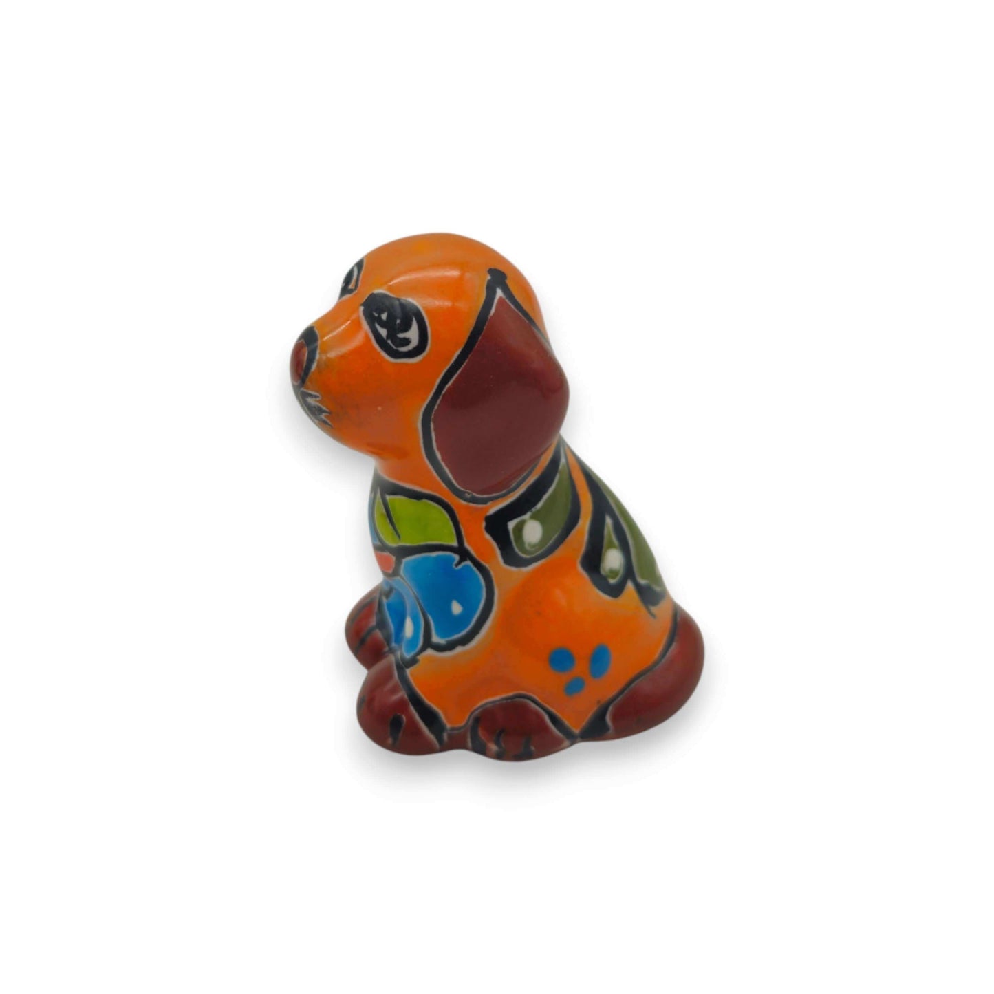 Colorful Talavera Dog Figurine Pair | Mexican Folk Art Decor - hand-painted orange ceramic dog with blue and green floral patterns