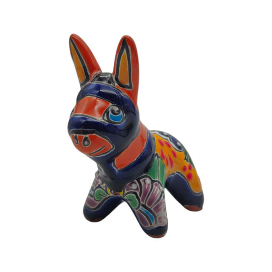 Talavera donkey figurine with blue, red, orange, green, and yellow details
