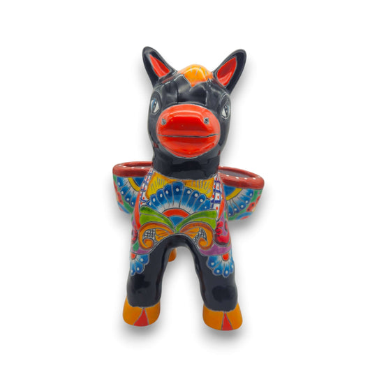 Talavera Donkey Planter | Mexican Ceramic Burro Pot hand-painted black donkey with colorful Talavera floral patterns, dual rim planter, lead-free glaze