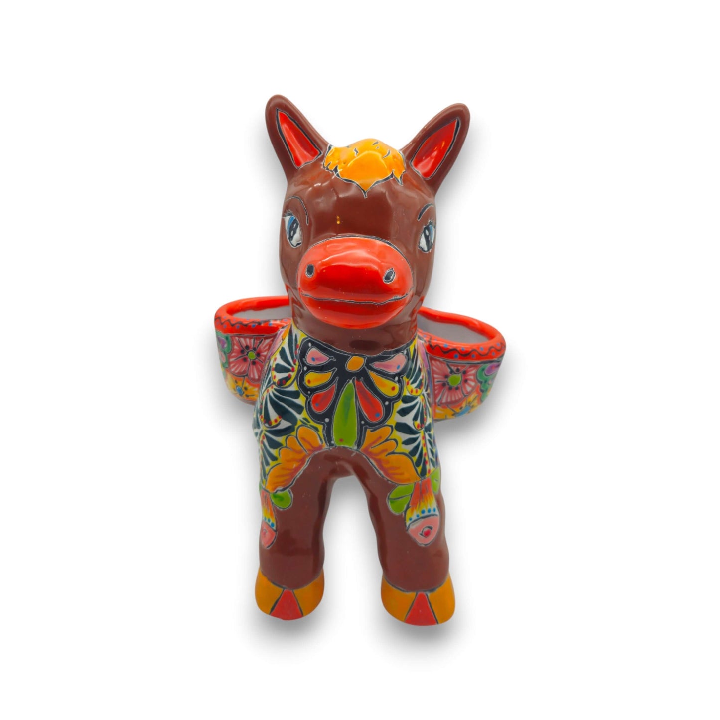 Talavera Donkey Planter | Mexican Ceramic Burro Pot - hand-painted Talavera floral ceramic donkey planter in brown with vibrant colors