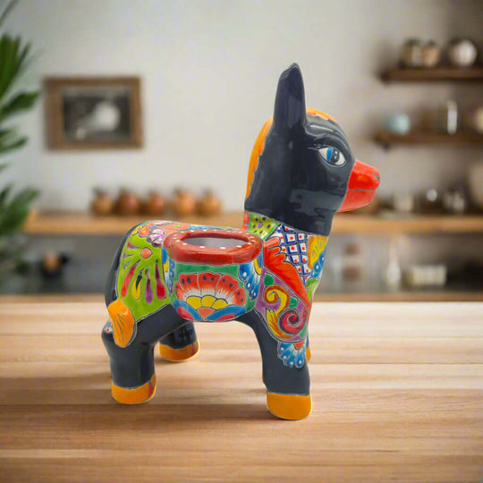 Talavera Donkey Planter | Mexican Ceramic Burro Pot hand-painted black donkey planter with vibrant Talavera floral patterns, lead-free glazed