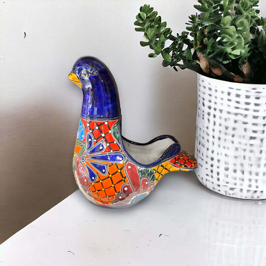 Talavera Dove Planter | Handcrafted Mexican Ceramic Bird Statue colorful hand-painted Talavera ceramic dove planter on white table