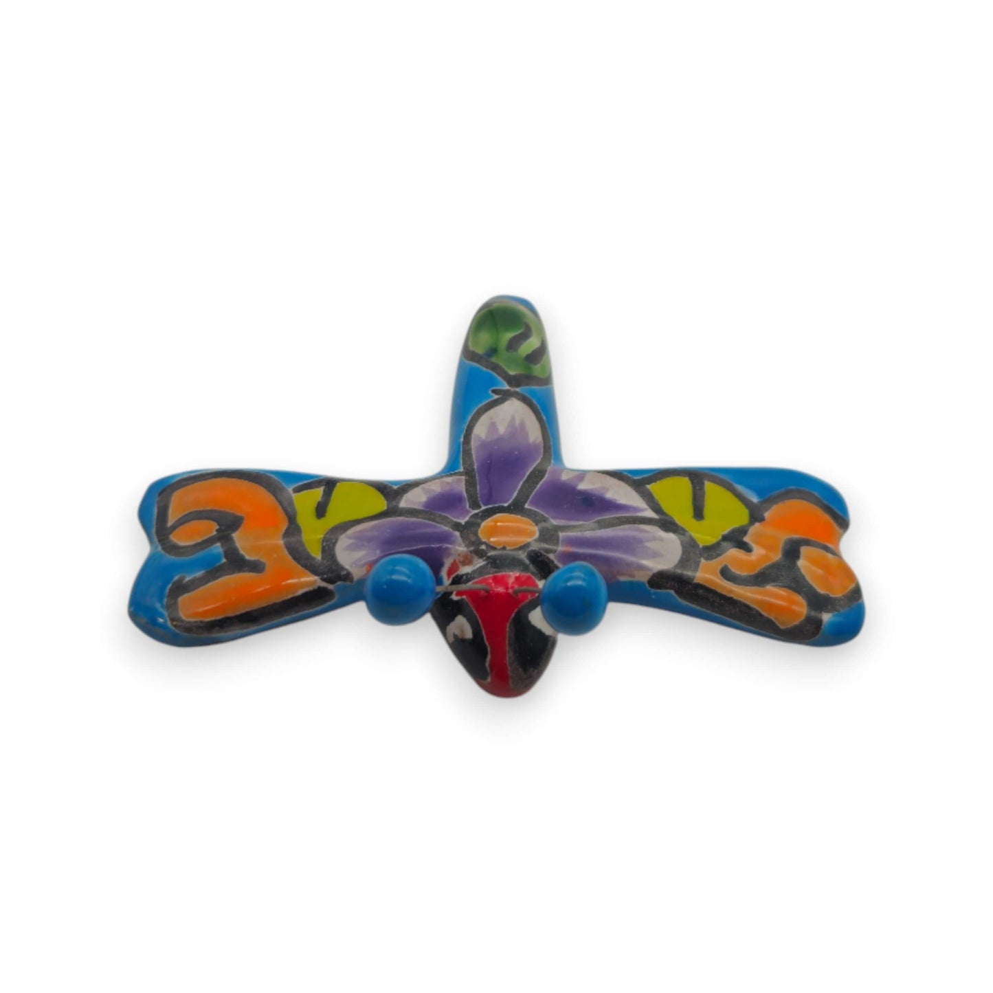 Set of 2 Talavera Dragonfly Wall Figurines | Mexican Folk Art - colorful hand-painted Talavera dragonfly figurine with floral motifs