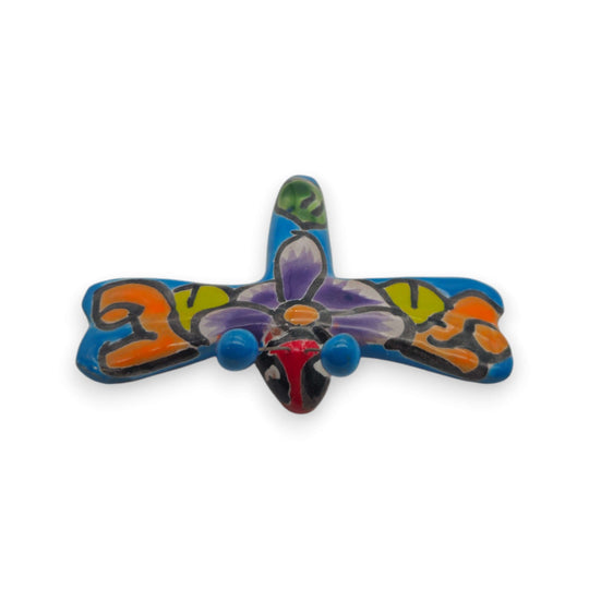 Set of 2 Talavera Dragonfly Wall Figurines | Mexican Folk Art - hand-painted blue orange green purple floral ceramic dragonfly wall decor