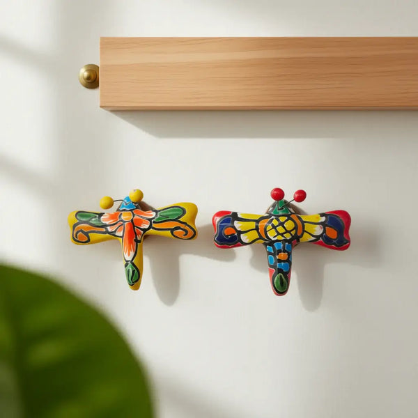 Set of 2 Talavera Dragonfly Wall Figurines | Mexican Folk Art - hand-painted colorful Talavera dragonflies in blue orange green purple, glossy finish