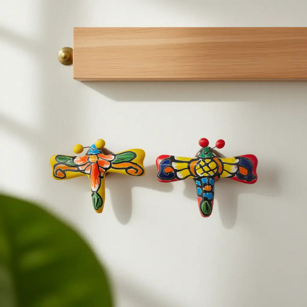 Set of 2 Talavera Dragonfly Wall Figurines | Mexican Folk Art - hand-painted colorful Talavera dragonflies in blue orange green purple, glossy finish