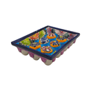 Alternate angled view of a colorful Talavera egg crate with floral patterns and individual ceramic egg spaces