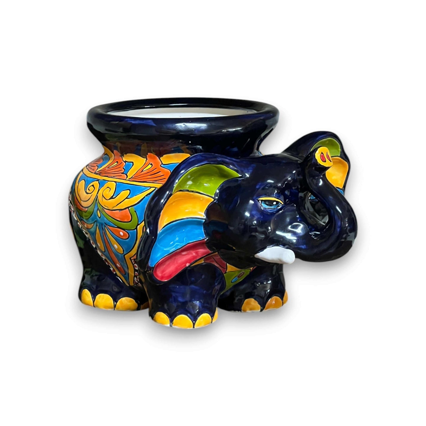 Talavera Elephant Planter | Colorful Mexican Ceramic Pot hand-painted blue elephant planter with vivid Talavera patterns