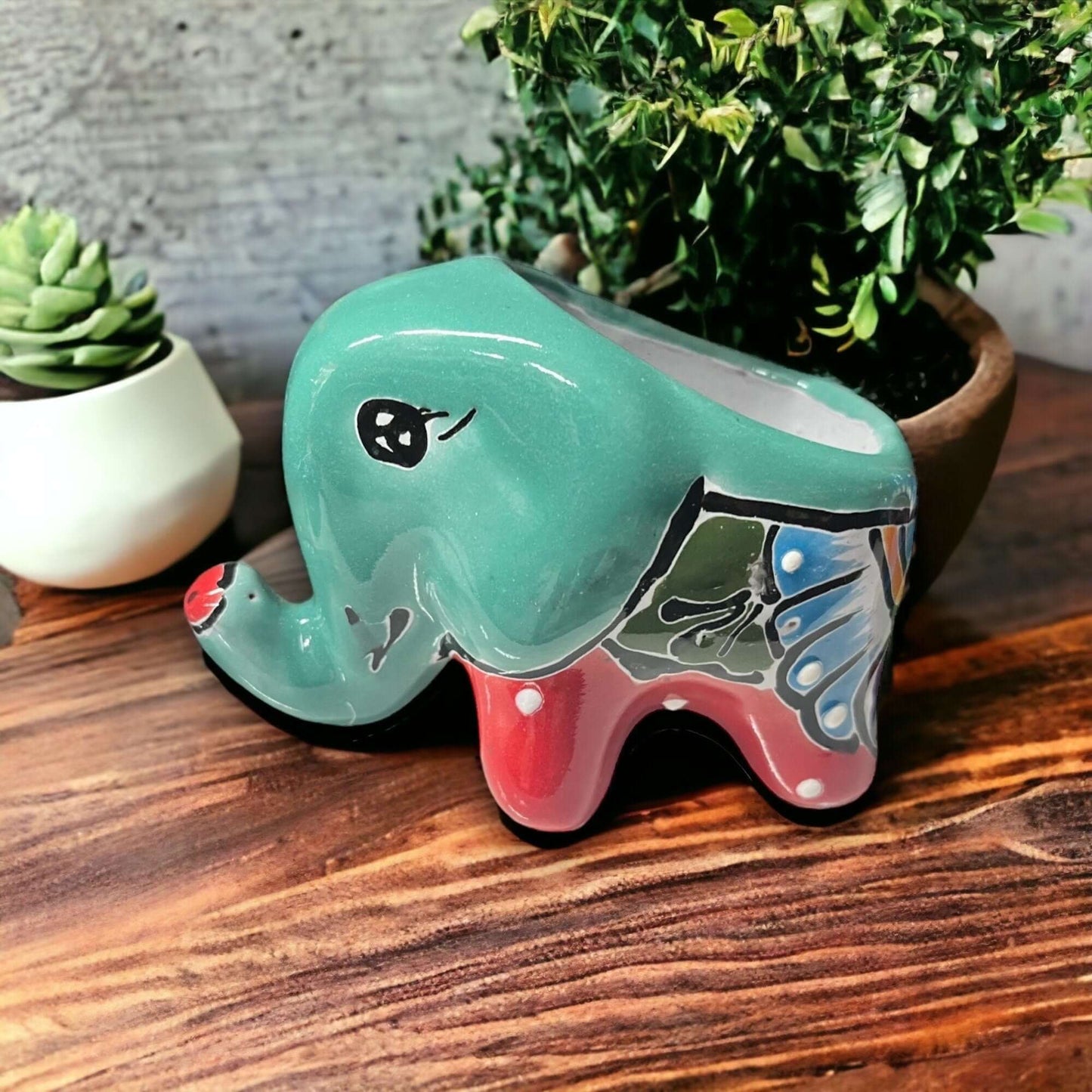 Talavera Elephant Planter | Colorful Hand-Painted Ceramic Animal Pot - hand-painted Talavera-style elephant planter in red, green, blue with floral patterns